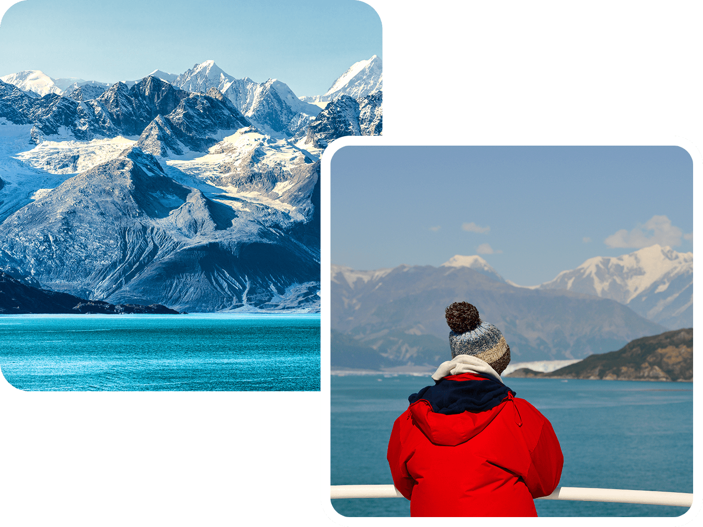 A person in a red coat and hat views a snowy mountain range across a body of water.